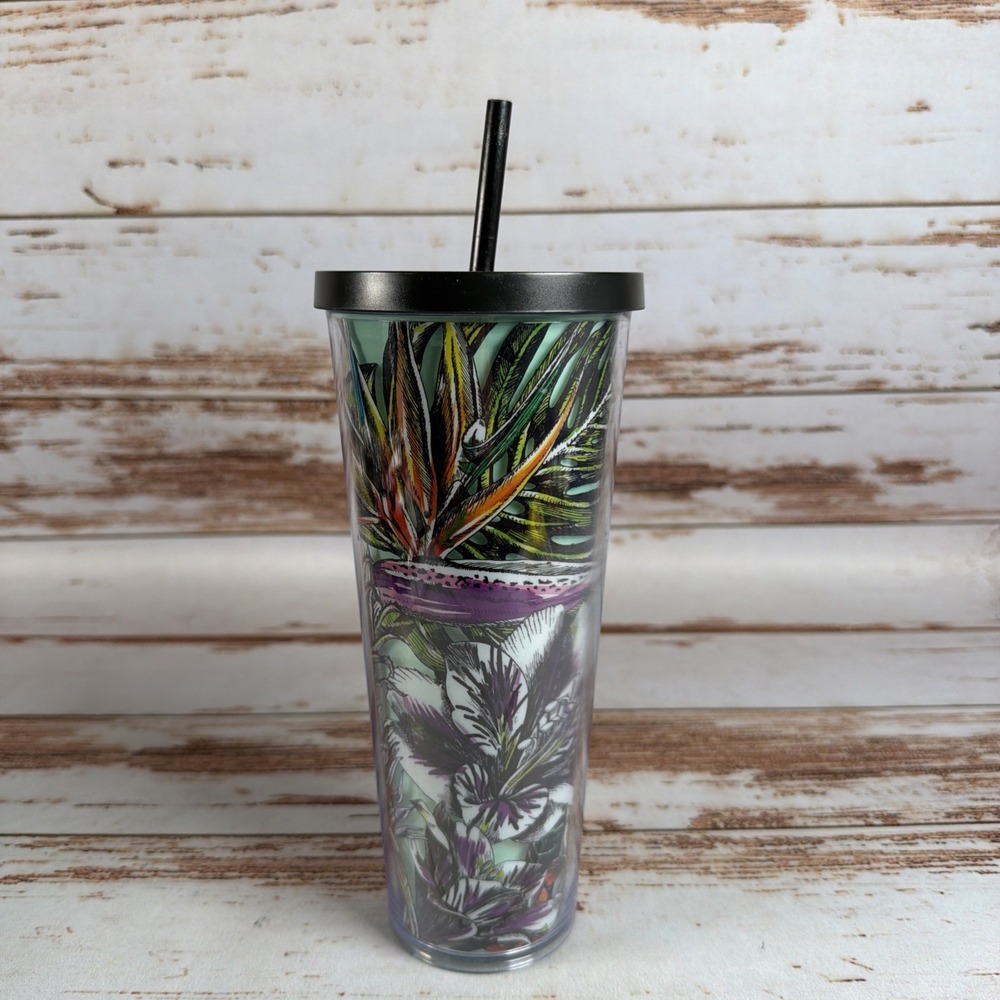 Starbucks Green Floral 24oz Plastic Tumbler Cup With Lid & Straw - Picture 2 of 6
